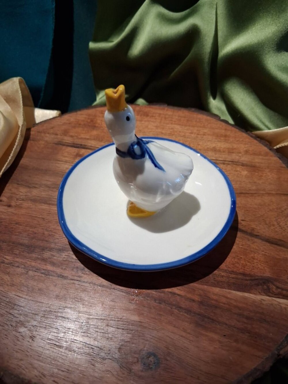 Vintage Ceramic Duck Trinket Dish with Blue Bow / Country Cottagecore Accent